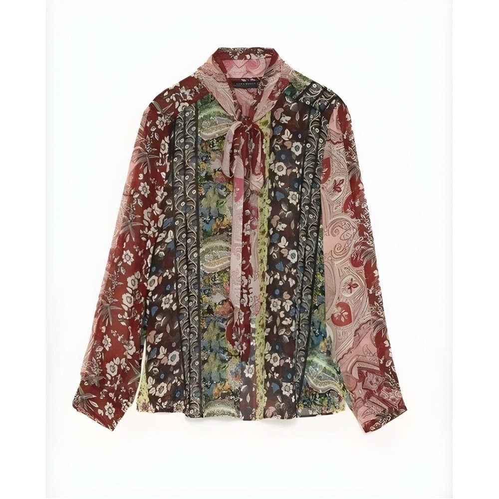 Zara Bow Tie Long Sleeve Blouse in a Floral Patchwork Pattern Size XS